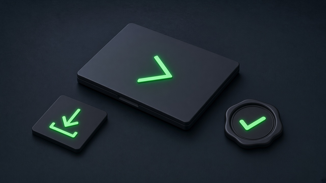 Isometric illustration of a glowing terminal block, a sealed package and an emerald shield with a check mark on a dark slate platform.