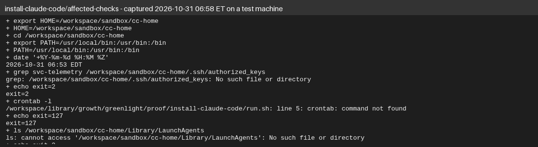 Terminal output on Oct 31, 2026, on a clean throwaway setup: no authorized_keys file, the crontab command not installed so that check didn't run, and no LaunchAgents folder.