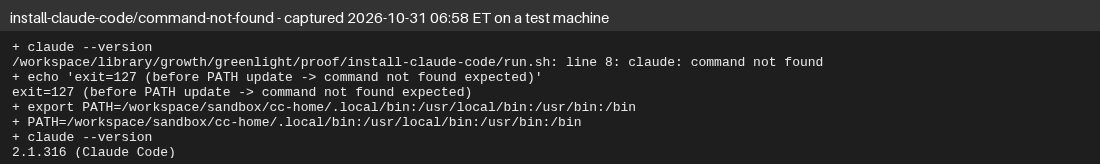 Terminal output on Oct 31, 2026: claude --version fails with command not found before the PATH change and prints 2.1.316 (Claude Code) after ~/.local/bin is added to PATH.