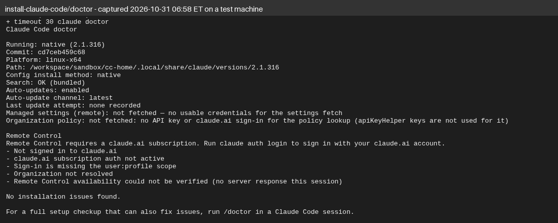 Terminal output on Oct 31, 2026: claude doctor shows a native 2.1.316 install on linux-x64 with auto-updates enabled, notes that we're not signed in, and reports no installation issues found.