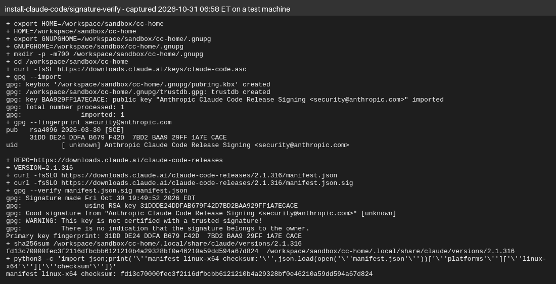 Terminal output on Oct 31, 2026: gpg reports a good signature on the Claude Code 2.1.316 manifest from Anthropic's release key, and the binary's SHA256 matches the manifest's linux-x64 checksum.
