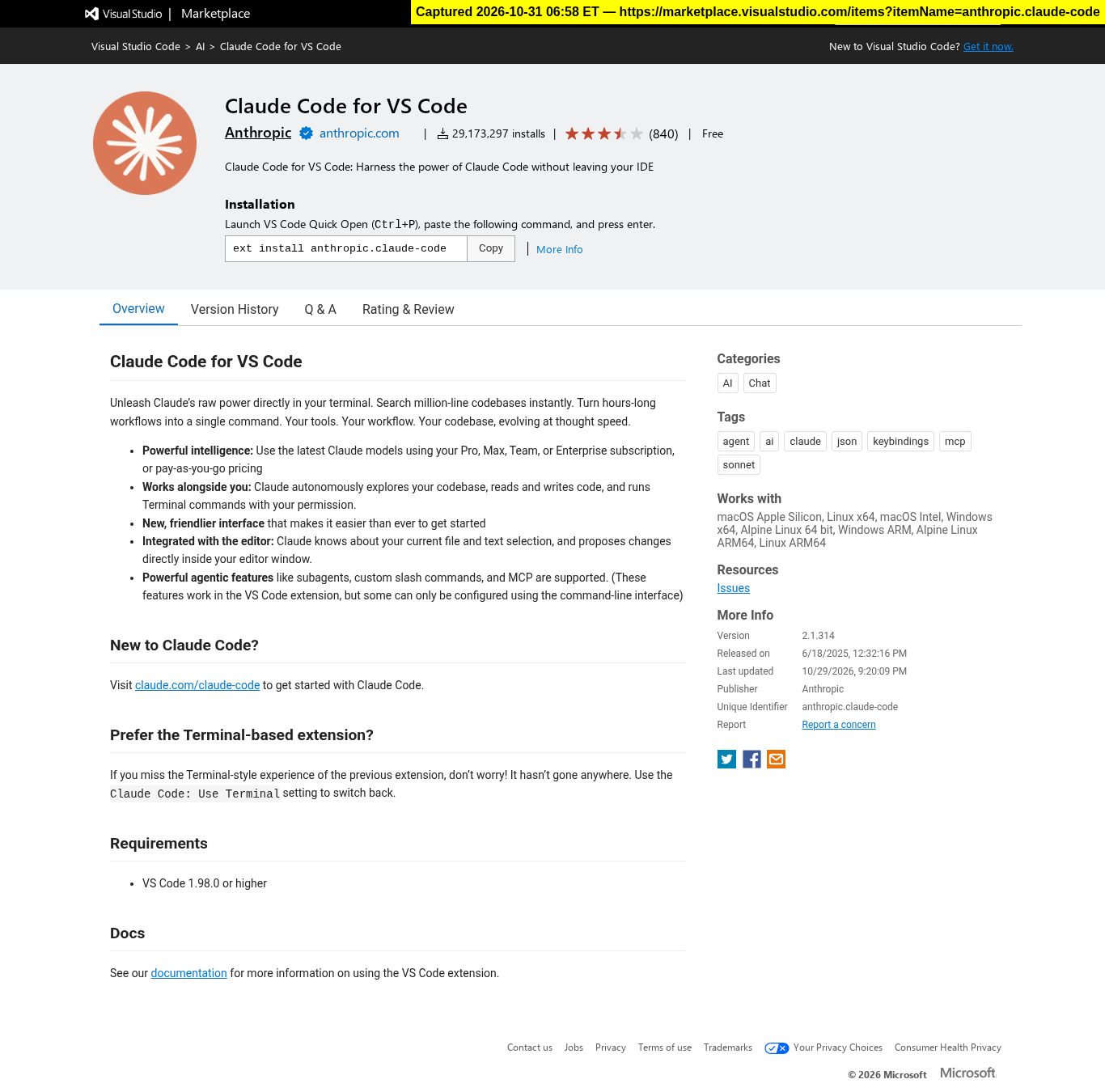 Visual Studio Marketplace page for Claude Code for VS Code on Oct 31, 2026: publisher Anthropic with a verified badge, identifier anthropic.claude-code, version 2.1.314, last updated Oct 29, 2026.