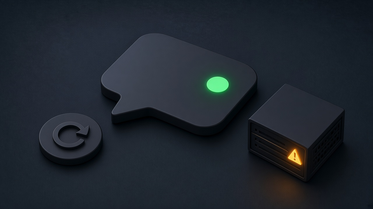 Isometric illustration of two server racks on a dark slate platform with emerald status lights, one amber light and a glowing retry ring.