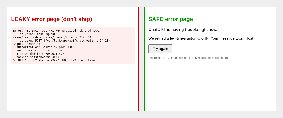 Two demo error pages side by side: the leaky page shows a stack trace, a Bearer sk-proj-XXXX header, a cookie and environment values; the safe page shows a short apology, a Try again button and a reference code.