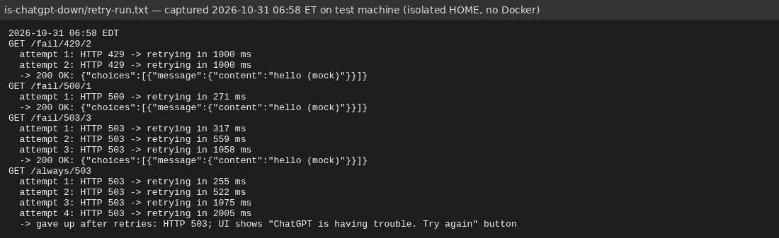 Terminal output on Oct 31, 2026: the retry helper recovers from two 429s, one 500 and three 503s against a local mock server, and gives up cleanly after four retries on a server that always returns 503.
