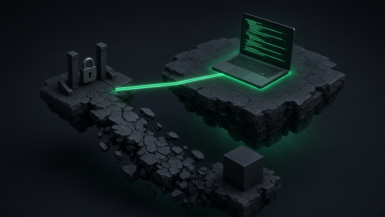 Isometric illustration of a glowing terminal on a dark slate platform, with one clean emerald path leading to it and a cracked side path fading into shadow.