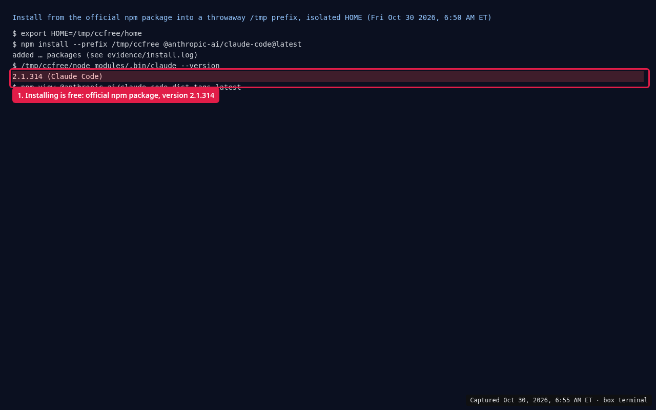 Terminal showing Claude Code installed from the official npm package and claude --version printing 2.1.314 (Claude Code).