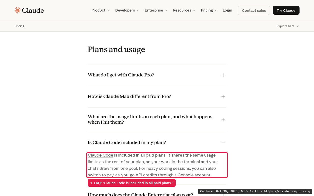 Anthropic's pricing FAQ answering 'Is Claude Code included in my plan?' with 'Claude Code is included in all paid plans.'