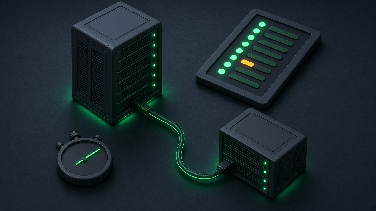 Isometric illustration of a server rack on a dark slate platform with an emerald status light, a heartbeat line and a small warning beacon.