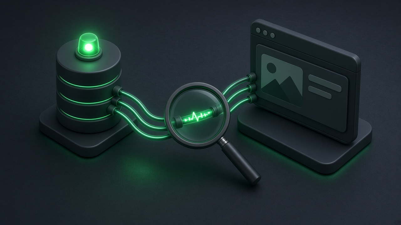 Isometric illustration of a glowing database cylinder beside a status panel of lights and a branching path, with an emerald glow on a dark slate background.