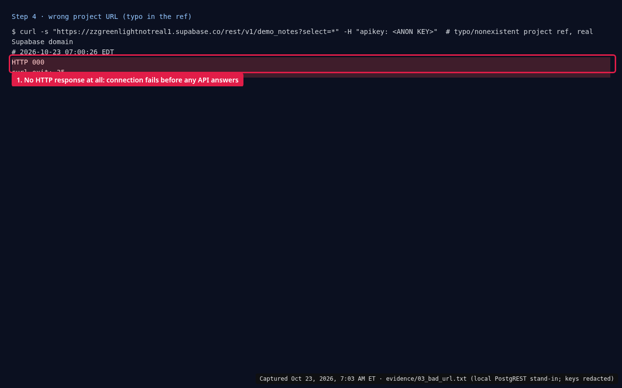 Terminal: a request to a made-up project URL gets no HTTP response, curl reports HTTP 000