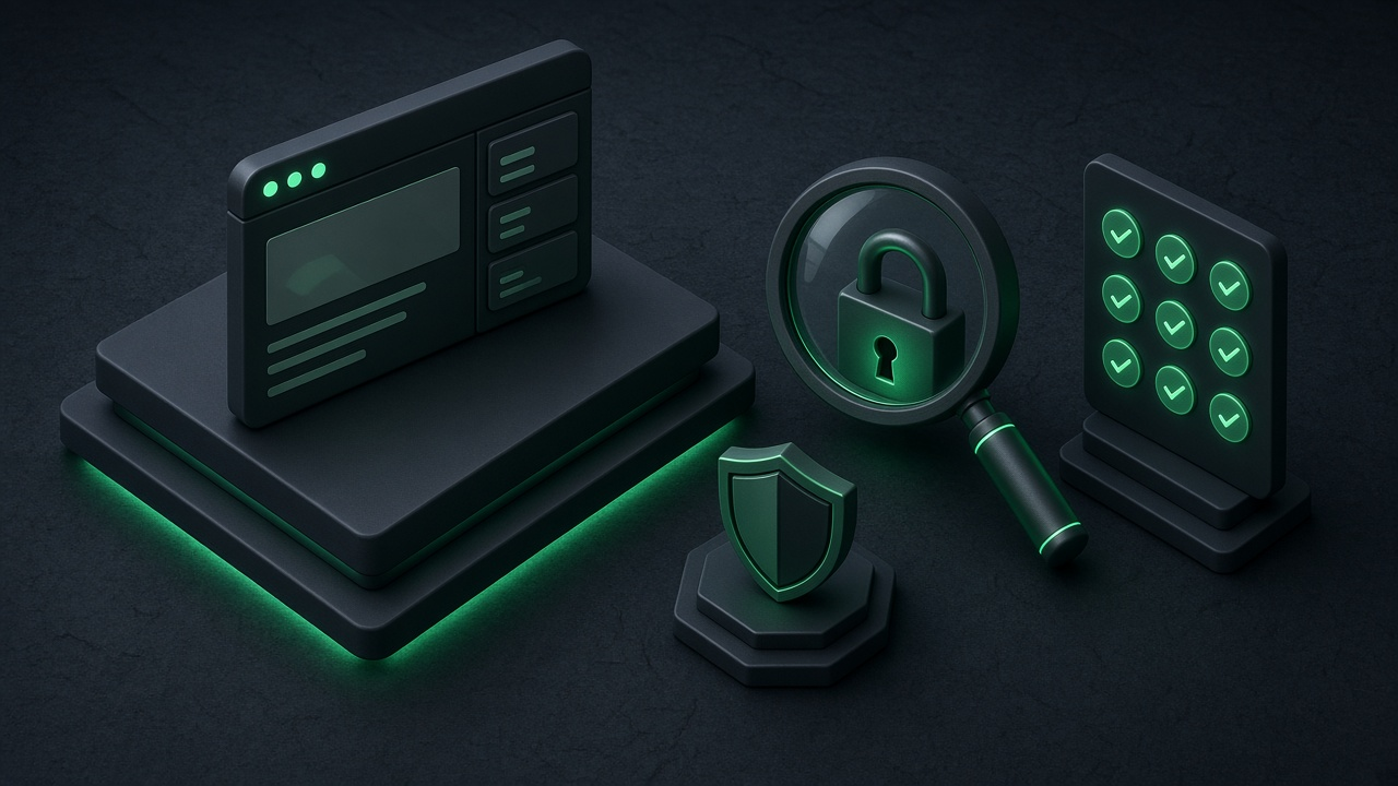 Isometric illustration of a browser window on a dark slate platform beside a magnifying glass over a padlock, a shield and a panel of nine emerald check marks.