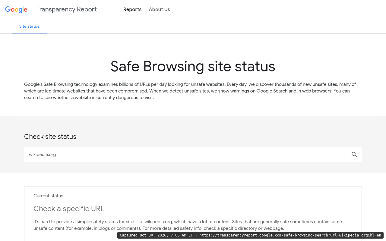 Google Safe Browsing site status for wikipedia.org showing "No available data", captured Oct 30, 2026. No data is not a warning.
