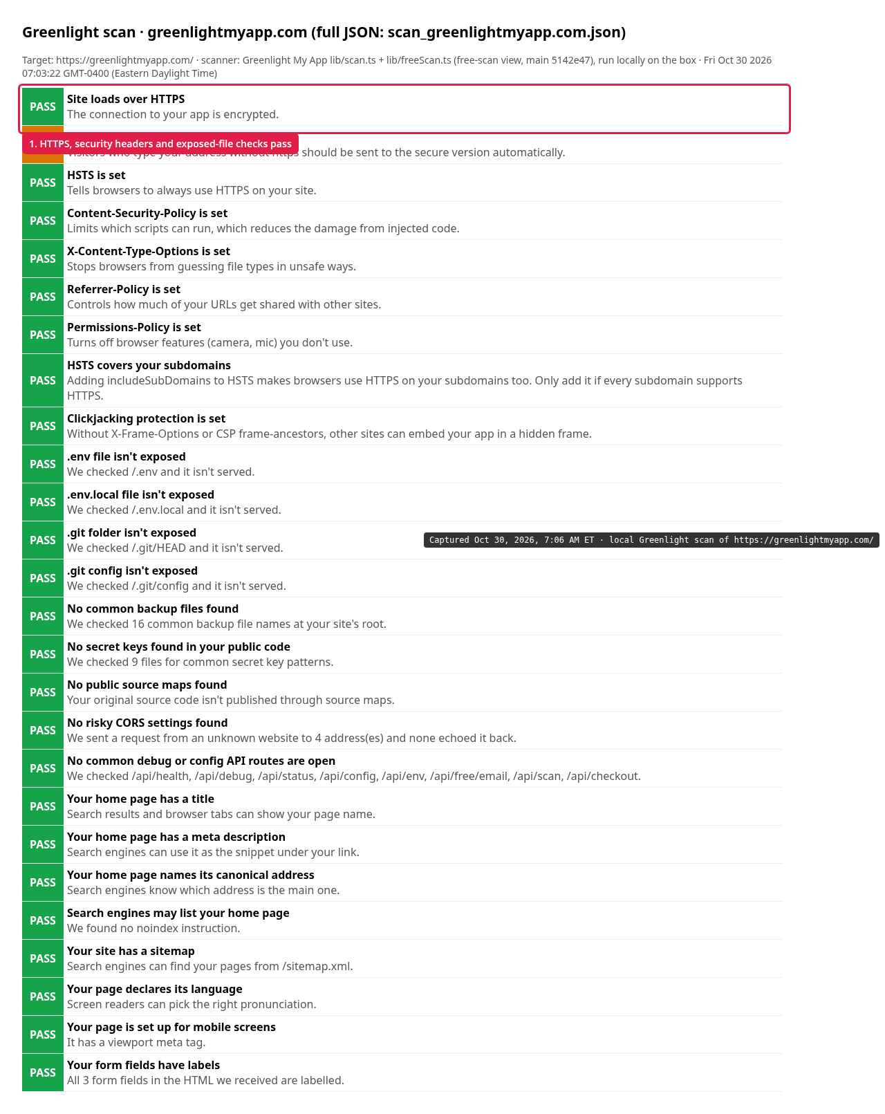 Greenlight My App scan of greenlightmyapp.com on Oct 30, 2026: HTTPS, HSTS, Content Security Policy, X-Content-Type-Options, Referrer-Policy, Permissions-Policy and framing protection all pass.