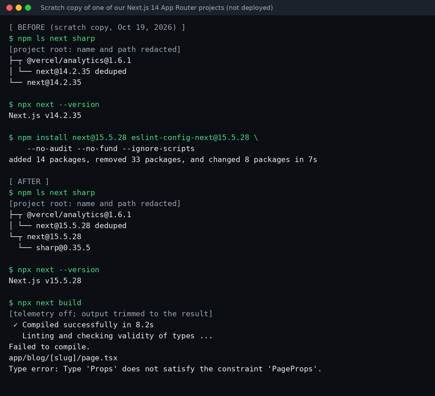 Terminal: before and after updating a scratch copy from Next.js 14.2.35 to 15.5.28, then a failed build
