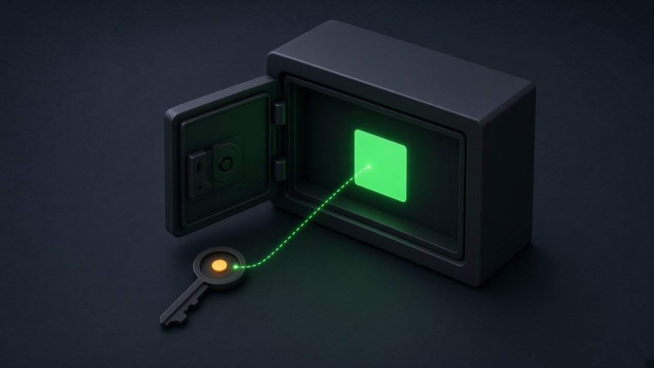 Isometric illustration of a dark slate terminal slab beside a small vault cube, with a glowing emerald key floating toward the vault along a dotted path.