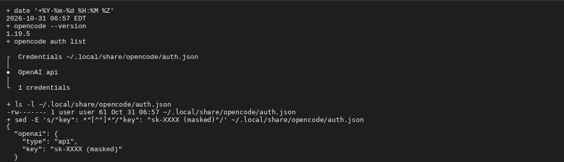 Terminal on Oct 31, 2026 at 6:57 AM ET: opencode auth list shows one OpenAI credential in ~/.local/share/opencode/auth.json, ls -l shows the file with -rw------- permissions, and the masked file contents show type api and a masked sk- key.