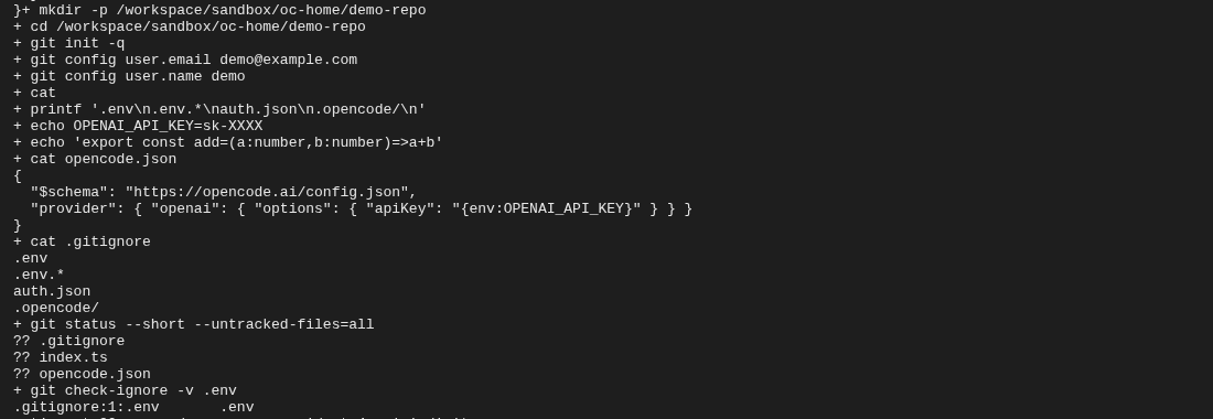 Terminal on Oct 31, 2026: the project opencode.json references the OPENAI_API_KEY environment variable, the .gitignore lists .env, .env.*, auth.json and .opencode/, git status shows only .gitignore, index.ts and opencode.json, and git check-ignore confirms .env is ignored.
