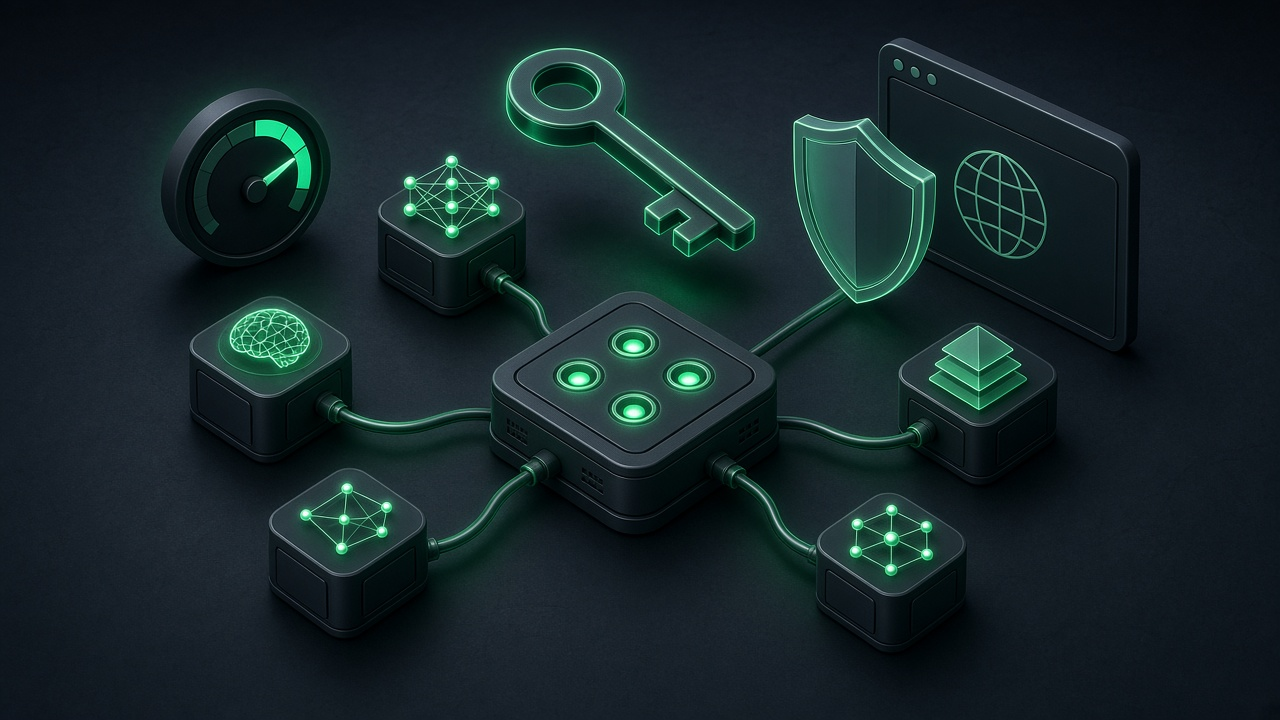 Isometric illustration of a glowing key with a spending meter, kept behind a server block and away from a browser window, emerald light on a dark slate background.