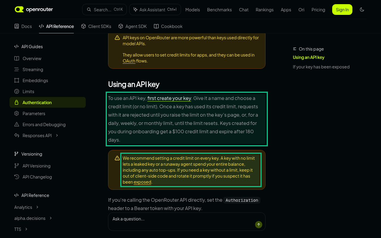 OpenRouter's API keys docs with two highlighted paragraphs: create a key, give it a name and choose a credit limit; and OpenRouter recommends a credit limit on every key because a key with no limit lets a leaked key spend your entire balance