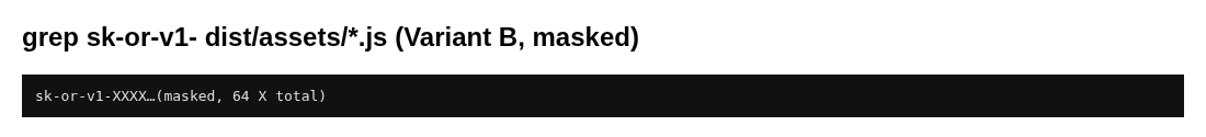 Terminal output of grep finding the fake key, masked as sk-or-v1-XXXX, inside the built Vite file dist/assets/index-Cj3V1tWD.js