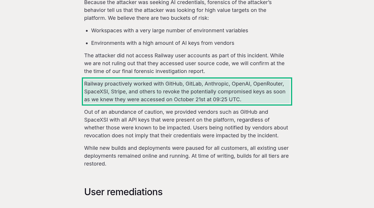 Railway's preliminary incident report with the paragraph highlighted that says Railway worked with GitHub, GitLab, Anthropic, OpenAI, OpenRouter, SpaceXSI, Stripe and others to revoke potentially compromised keys on October 21st at 09:25 UTC