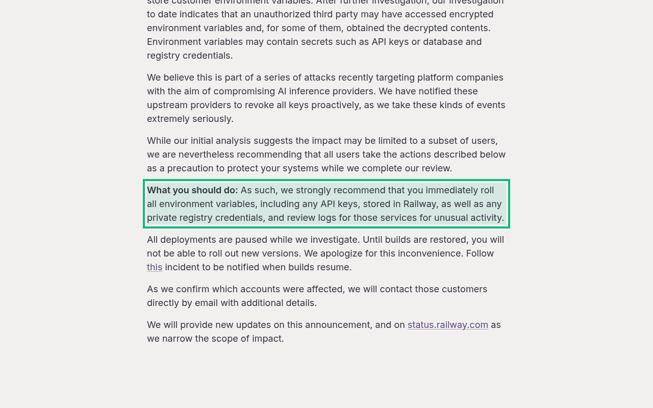 Railway's security disclosure page showing its recommendation to immediately roll all environment variables, including API keys, stored in Railway, and review logs
