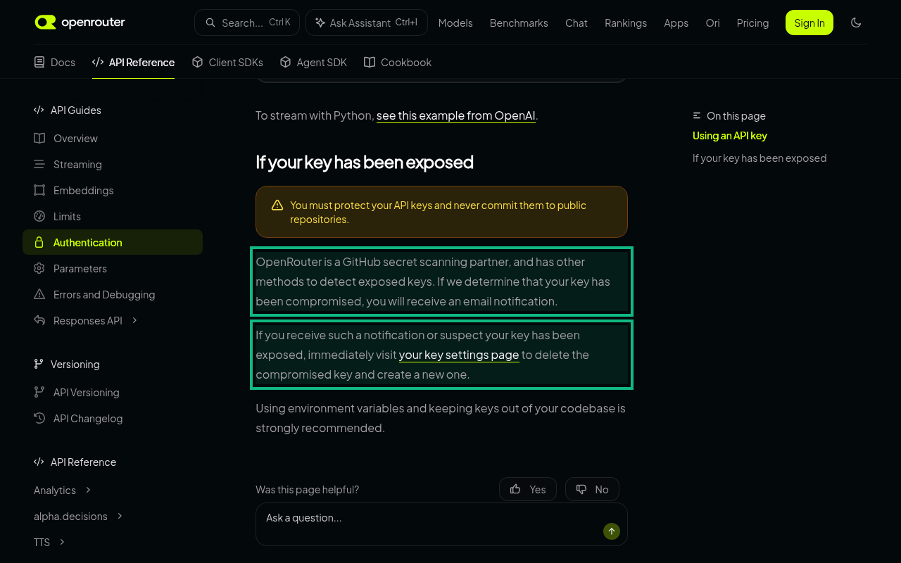 OpenRouter's API keys docs with the paragraphs highlighted that say OpenRouter is a GitHub secret scanning partner, will email you if a key is compromised, and that you should delete a compromised key and create a new one