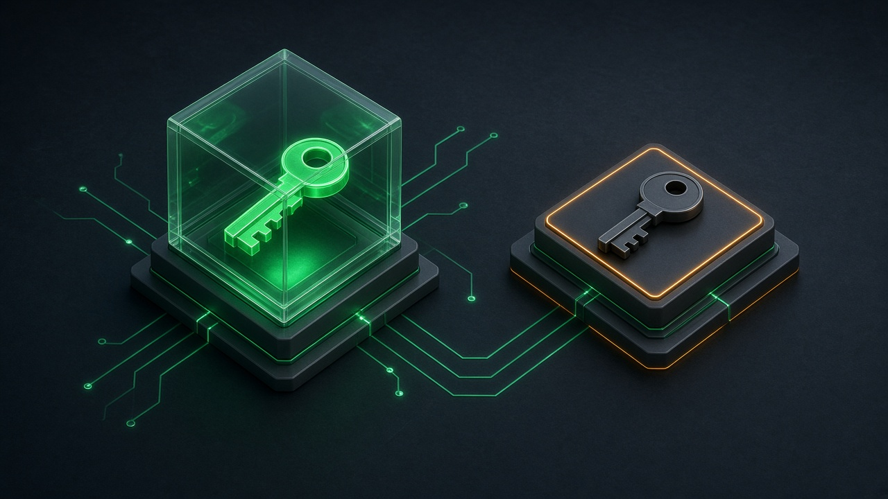 Isometric illustration of a glowing open key card beside a browser window and a sealed server vault holding locked key cards, with emerald light on a dark slate background.