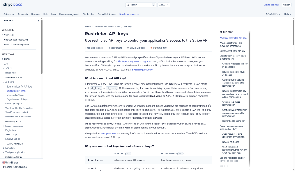 Stripe's Restricted API keys docs page explaining that a restricted key assigns specific API permissions and is the recommended key type for AI agents