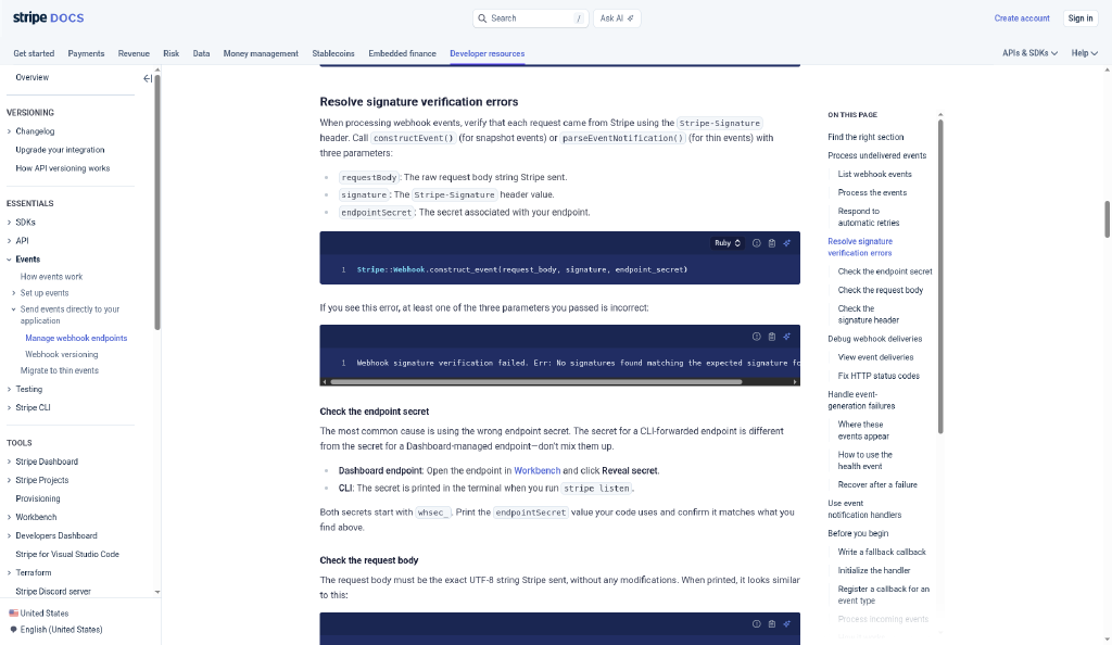 Stripe's Manage webhook endpoints docs page, signature errors section, showing the Check the endpoint secret step