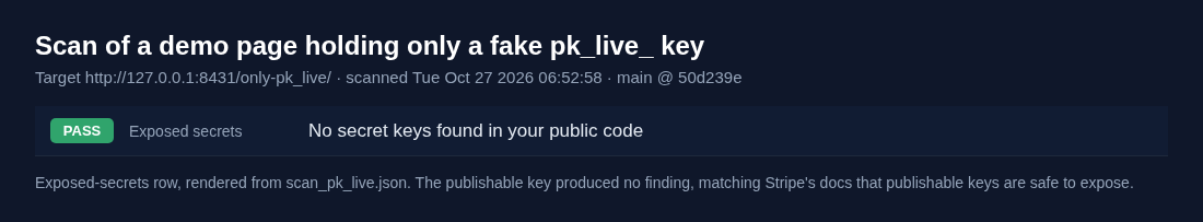 Scan output for a demo page holding only a fake pk_live_ key: the exposed secrets check passes with No secret keys found in your public code