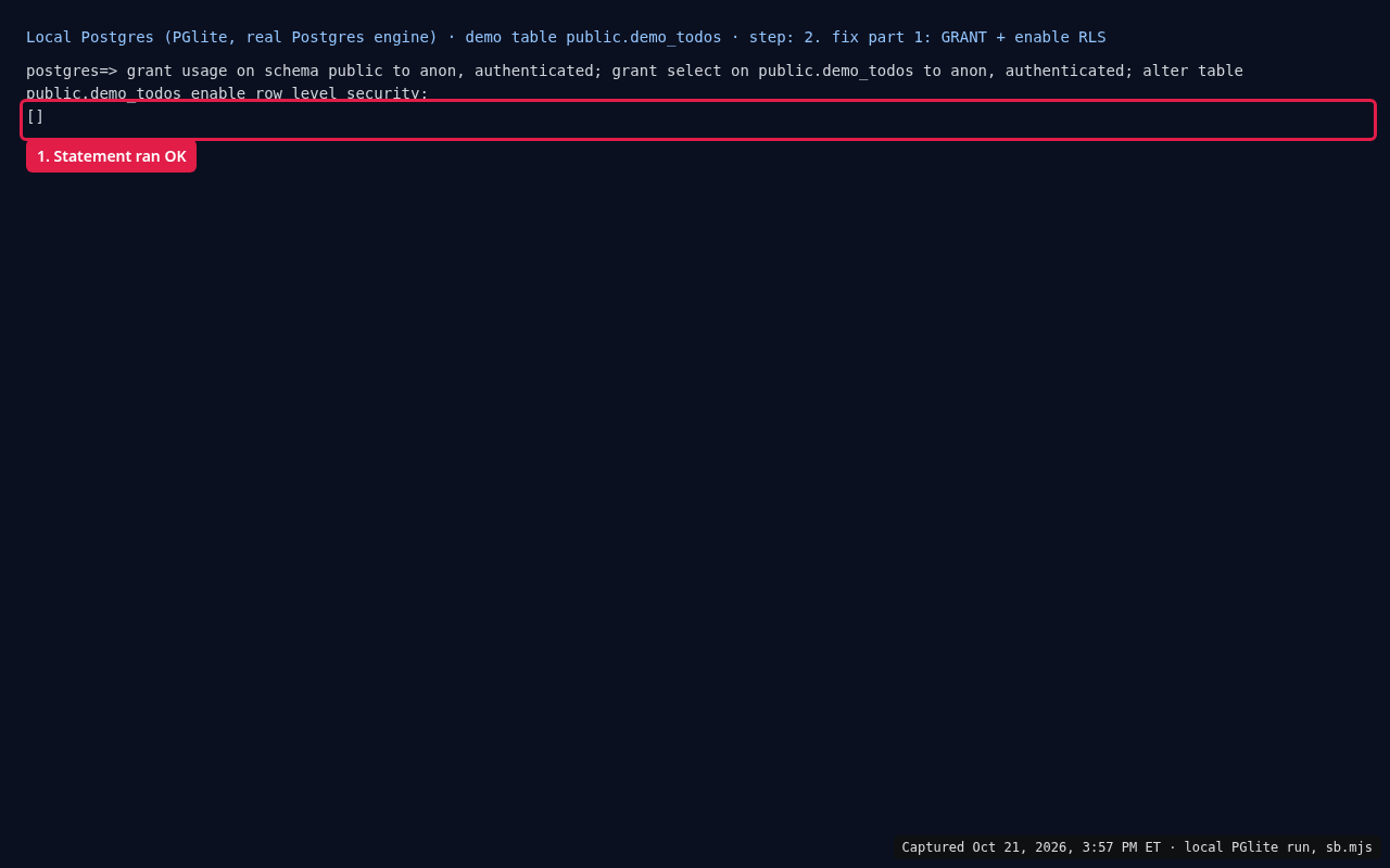 Terminal: fix part 1, grant usage on schema public, grant select to anon and authenticated, enable row level security