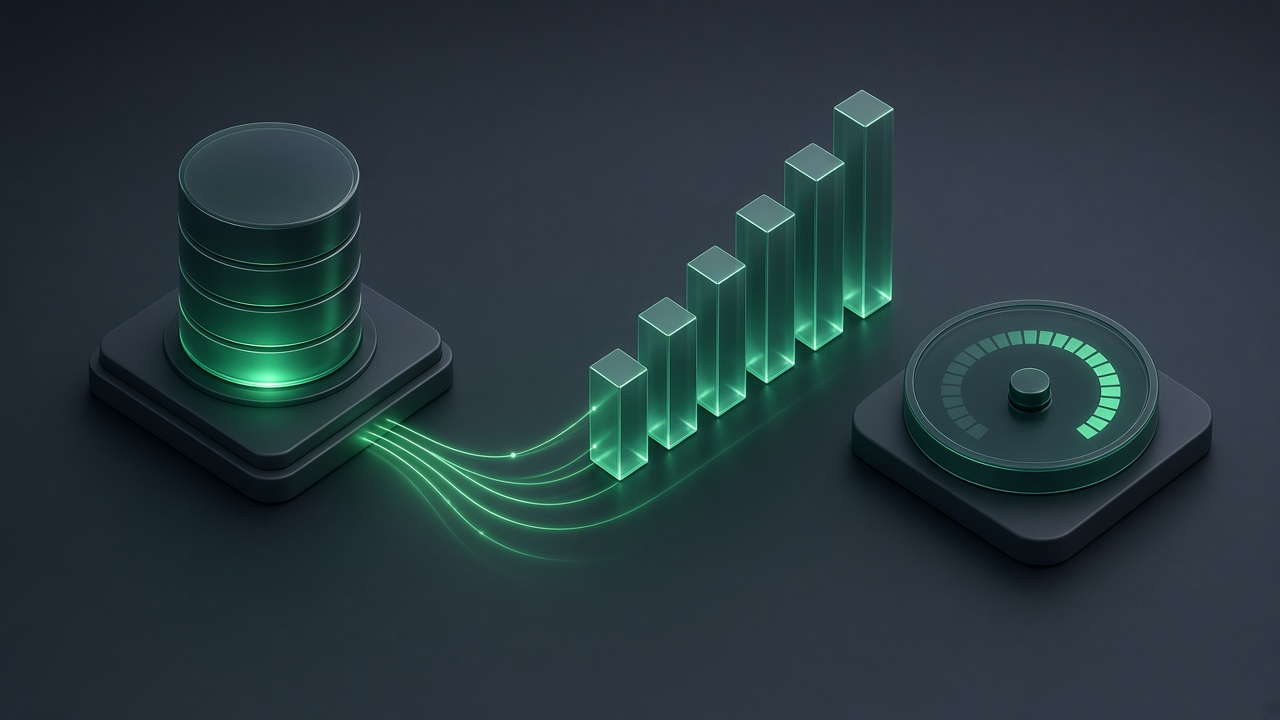 Isometric illustration of a glowing database cylinder linked by light paths to a row of rising translucent bars and a round gauge dial, on a dark slate background with an emerald glow.