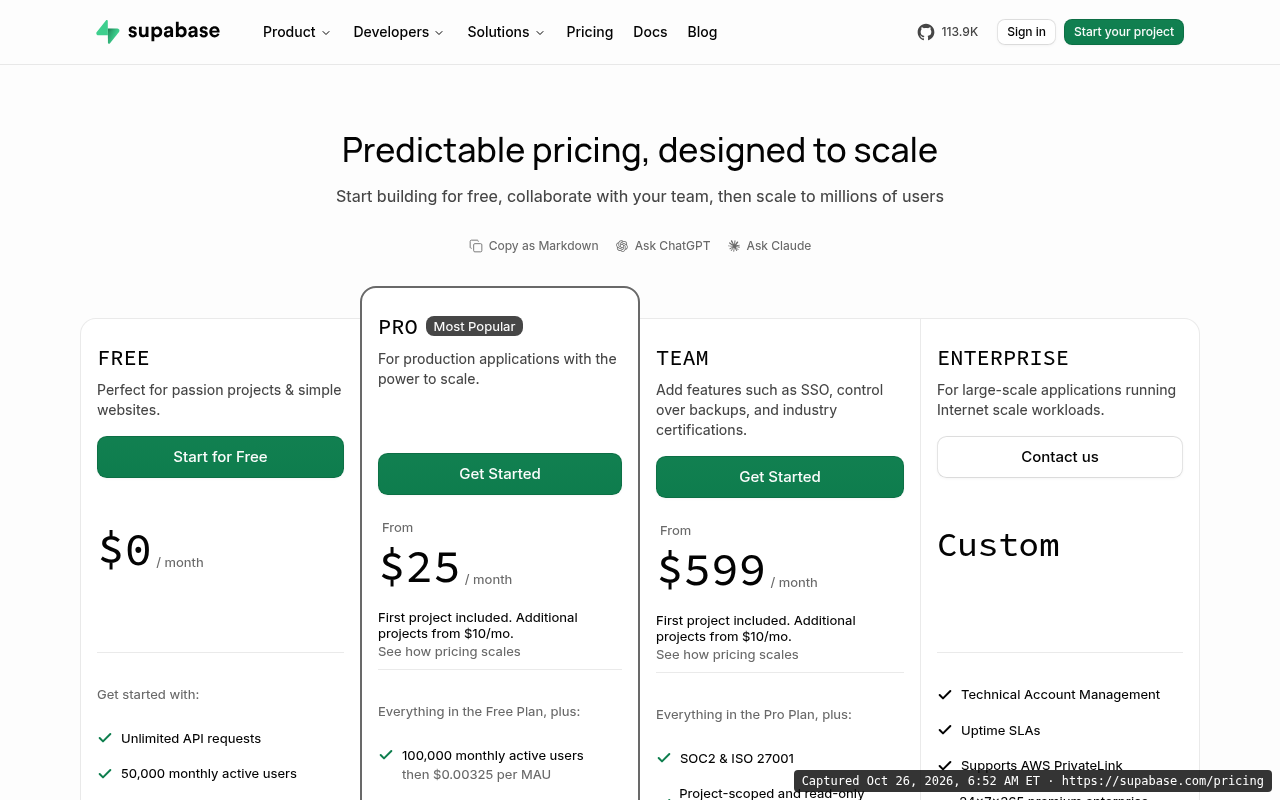 Supabase pricing page on Oct 26, 2026: Free $0 per month, Pro from $25 per month with first project included and additional projects from $10 a month, Team from $599 per month, Enterprise custom