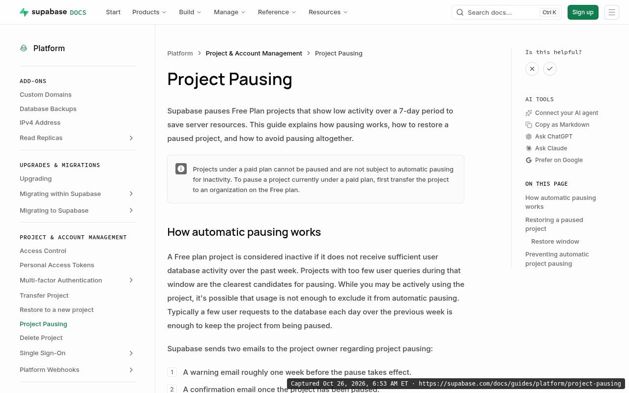 Supabase project pausing docs page on Oct 26, 2026, describing how Free Plan projects with low activity over a 7-day period are paused and how to restore them