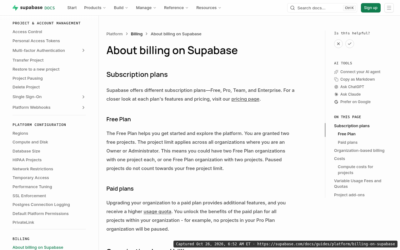 Supabase About billing docs page on Oct 26, 2026, explaining organization-based billing, compute costs and plan quotas