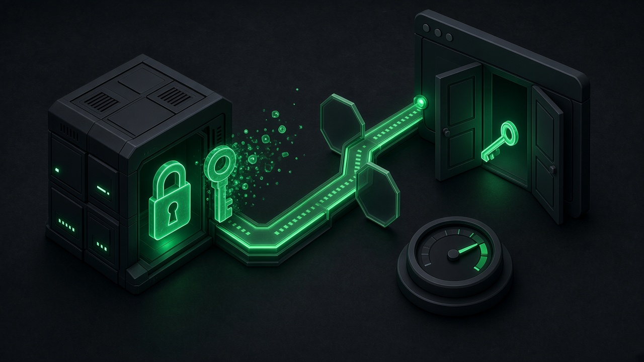 Isometric illustration of a server block with a locked padlock and a key dissolving into particles, an emerald path to an open door holding a small glowing key, and a usage gauge on dark slate.