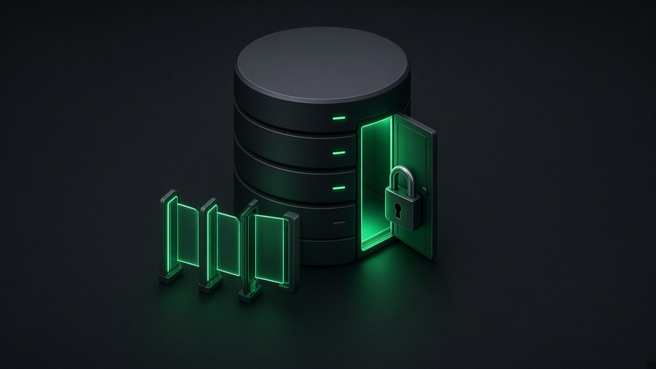Isometric illustration of a database cylinder with an open glowing side door being fitted with a padlock, beside a row of emerald security gates, on a dark slate background.