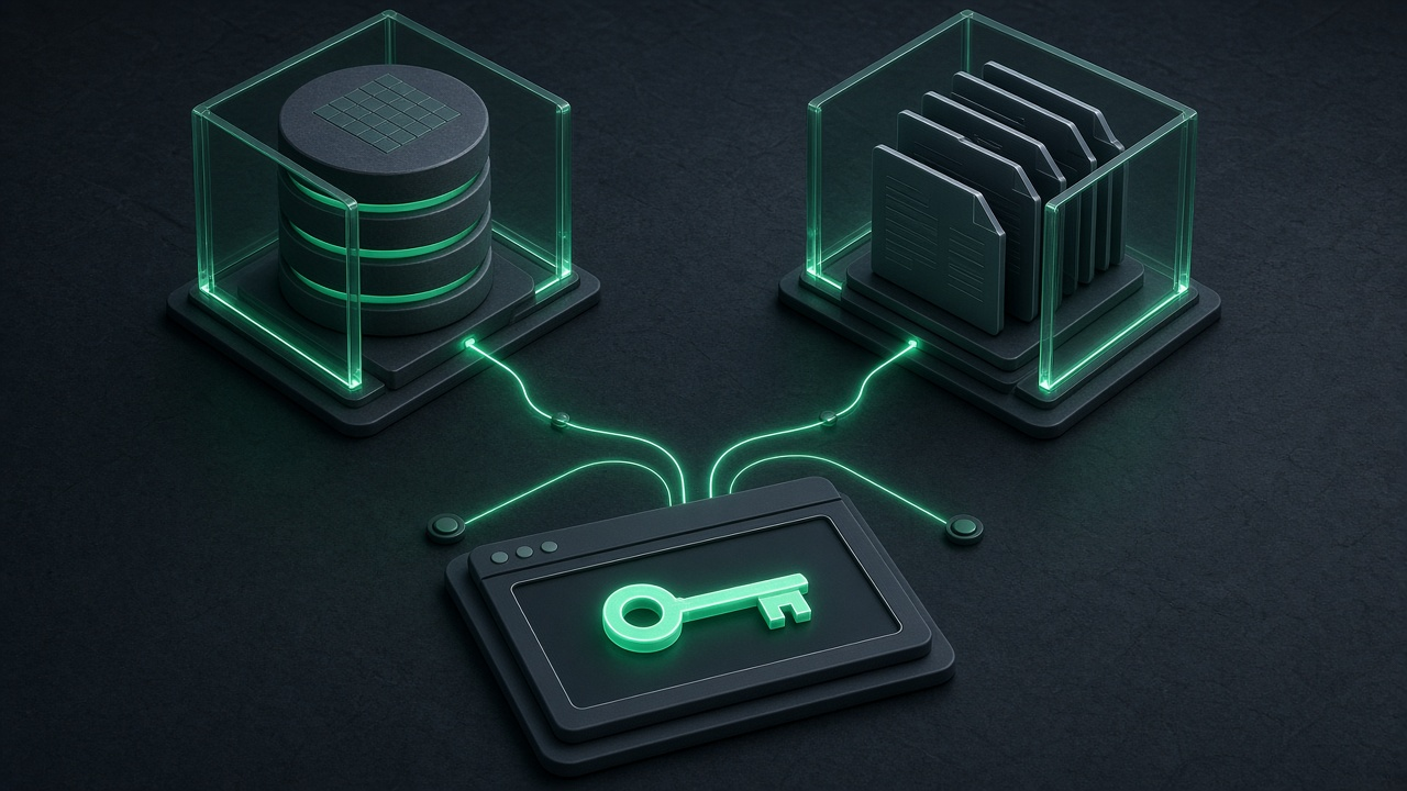 Isometric illustration of a database cylinder and a stack of document cards in lit glass boxes, linked by light paths to a browser window holding a glowing key.