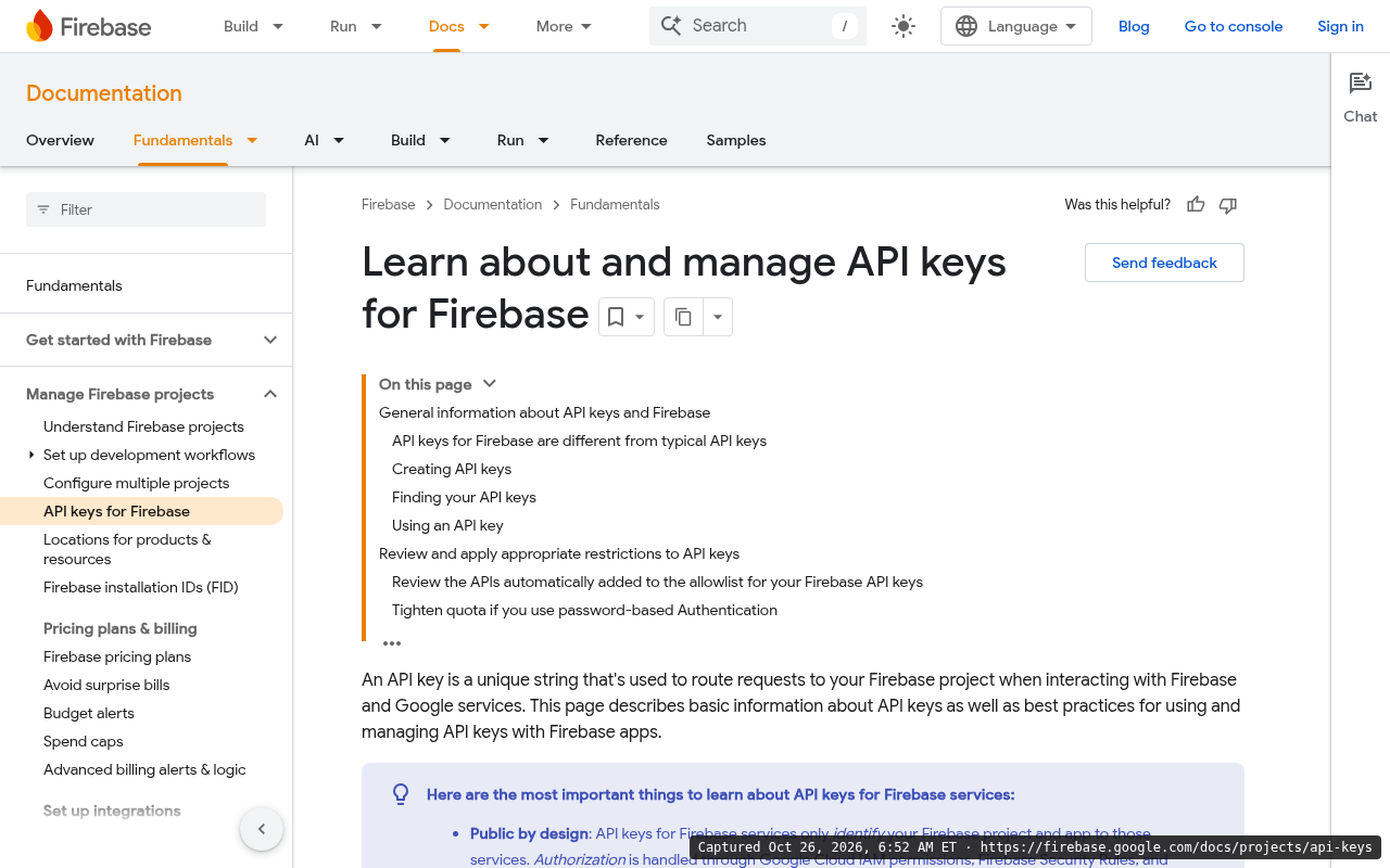 Firebase API keys docs page, Oct 26, 2026: text explaining that Firebase API keys identify the project and that Security Rules and App Check handle authorization