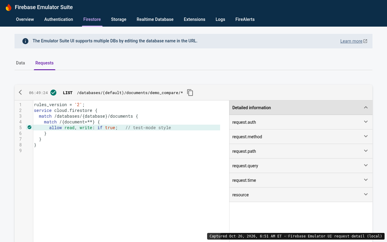 Firebase Emulator UI showing the test-mode rule allow read, write: if true being evaluated as allowed for a list request on demo_compare