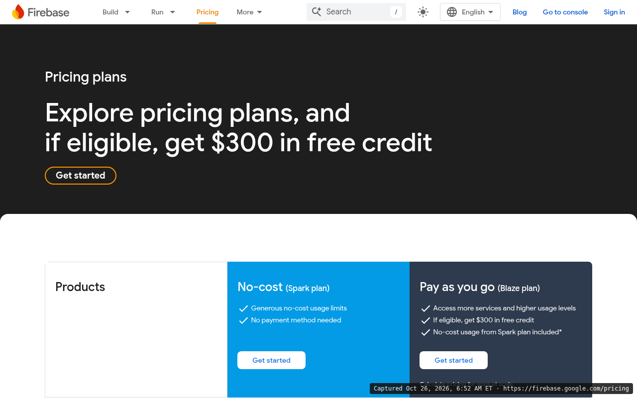 Firebase pricing page on Oct 26, 2026 showing the no-cost Spark plan and the pay-as-you-go Blaze plan with Firestore limits
