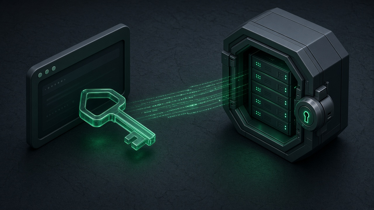 Isometric illustration of a glowing key passing from a browser window to a locked server box, with an emerald glow on a dark slate background.
