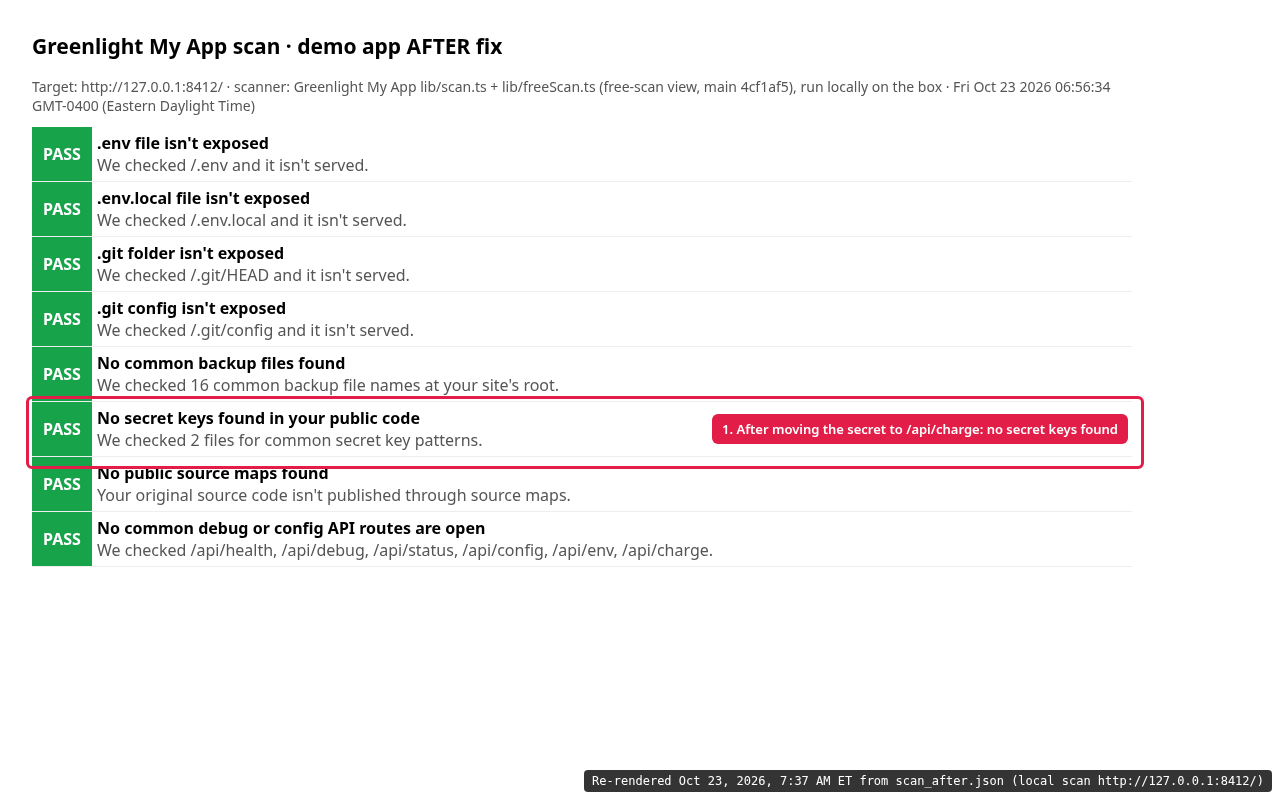 Greenlight My App scan of the demo app after the fix: PASS, no secret keys found in your public code