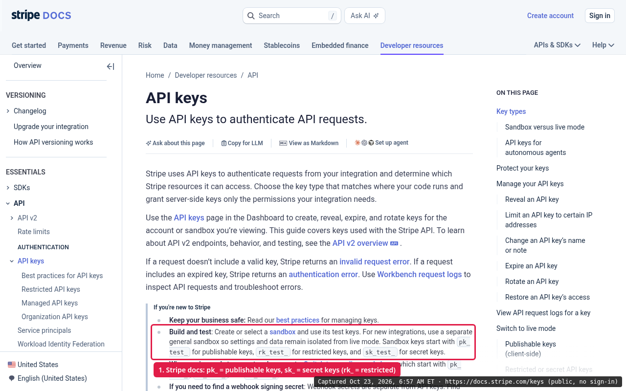 Stripe's public API keys doc, highlighting that pk_test_ is for publishable keys, rk_test_ for restricted keys and sk_test_ for secret keys