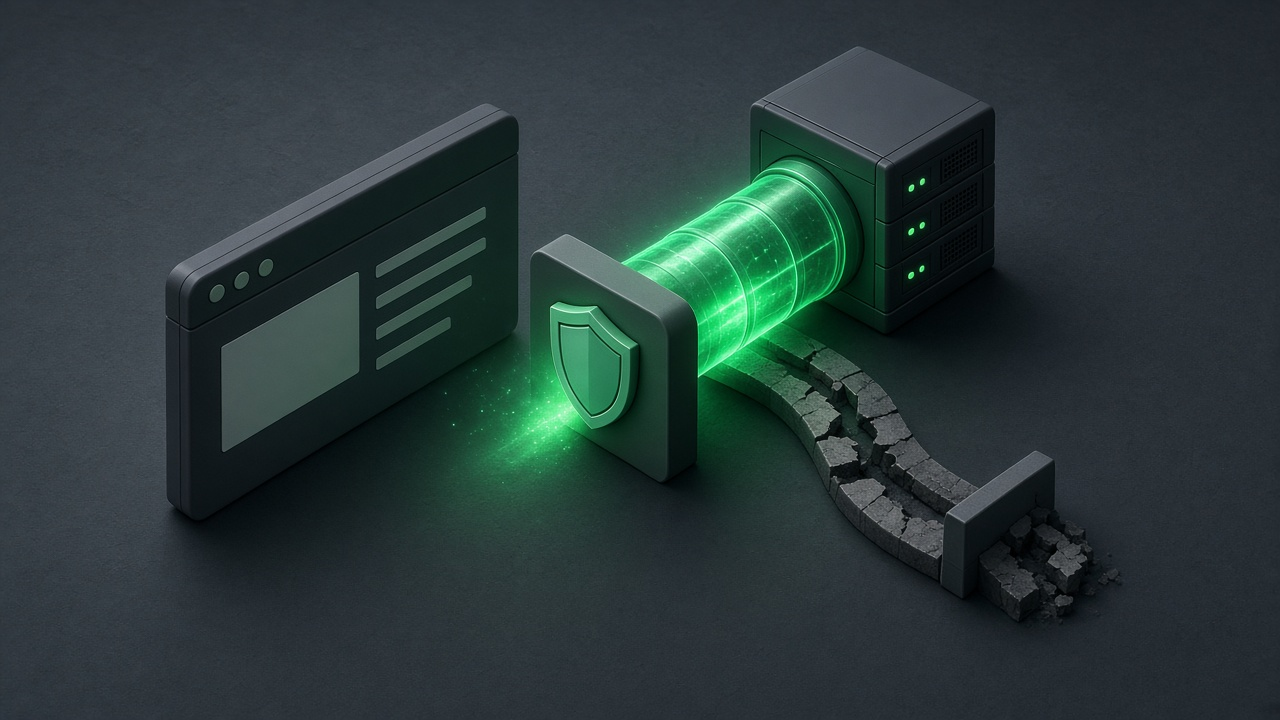 Isometric illustration of a browser window connected to a server by a glowing locked tunnel, with an open side path sealed off, in emerald light on a dark slate background.