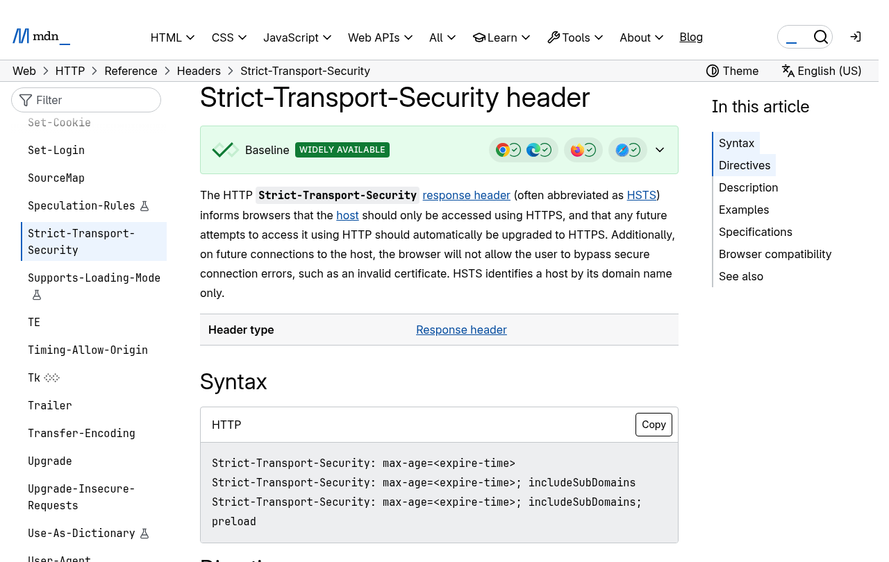 MDN's Strict-Transport-Security reference page, showing the definition of the header and its syntax with max-age, includeSubDomains and preload