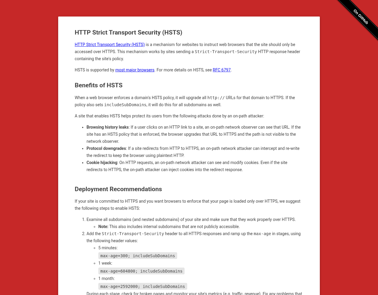 hstspreload.org deployment recommendations showing the ramp-up stages for max-age with includeSubDomains before adding preload