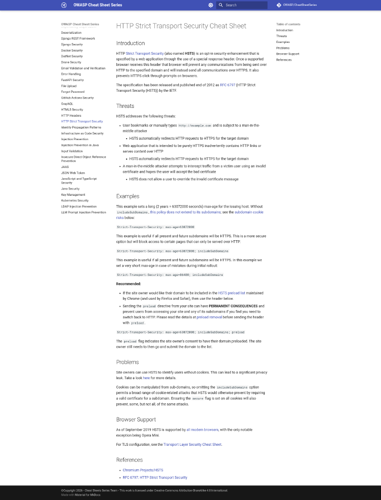 OWASP HTTP Strict Transport Security Cheat Sheet page with example headers and the warning about preloading